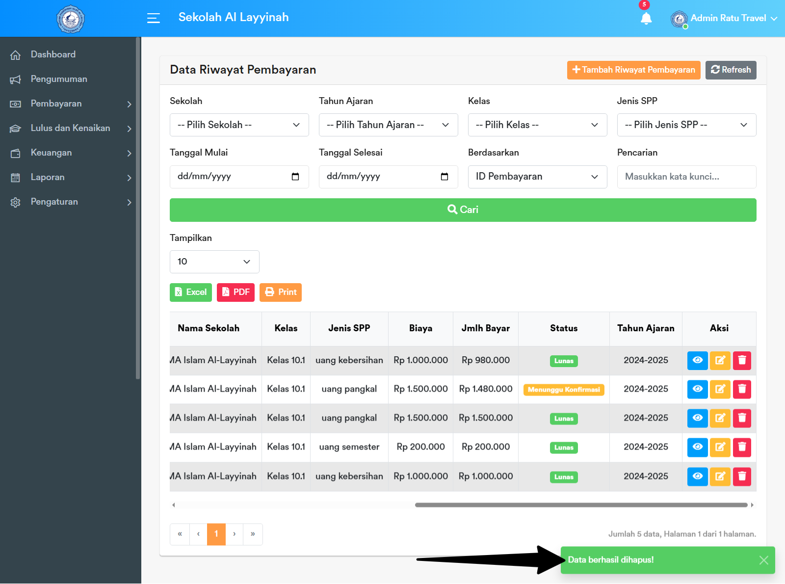 Notifikasi Hapus Riwayat Pembayaran